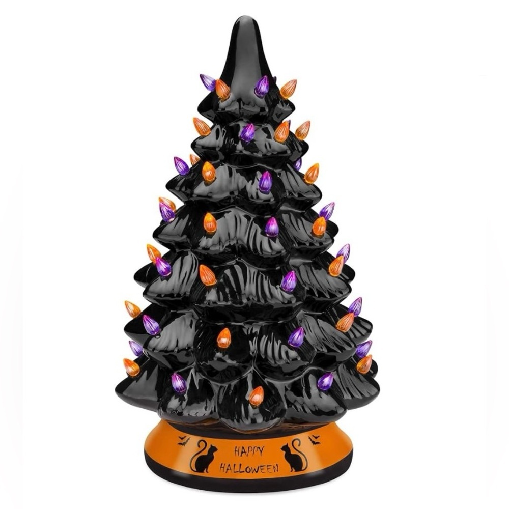 BCP 14in Pre-Lit Ceramic Halloween Tree Decoration w/Orange & Purple  Lights,